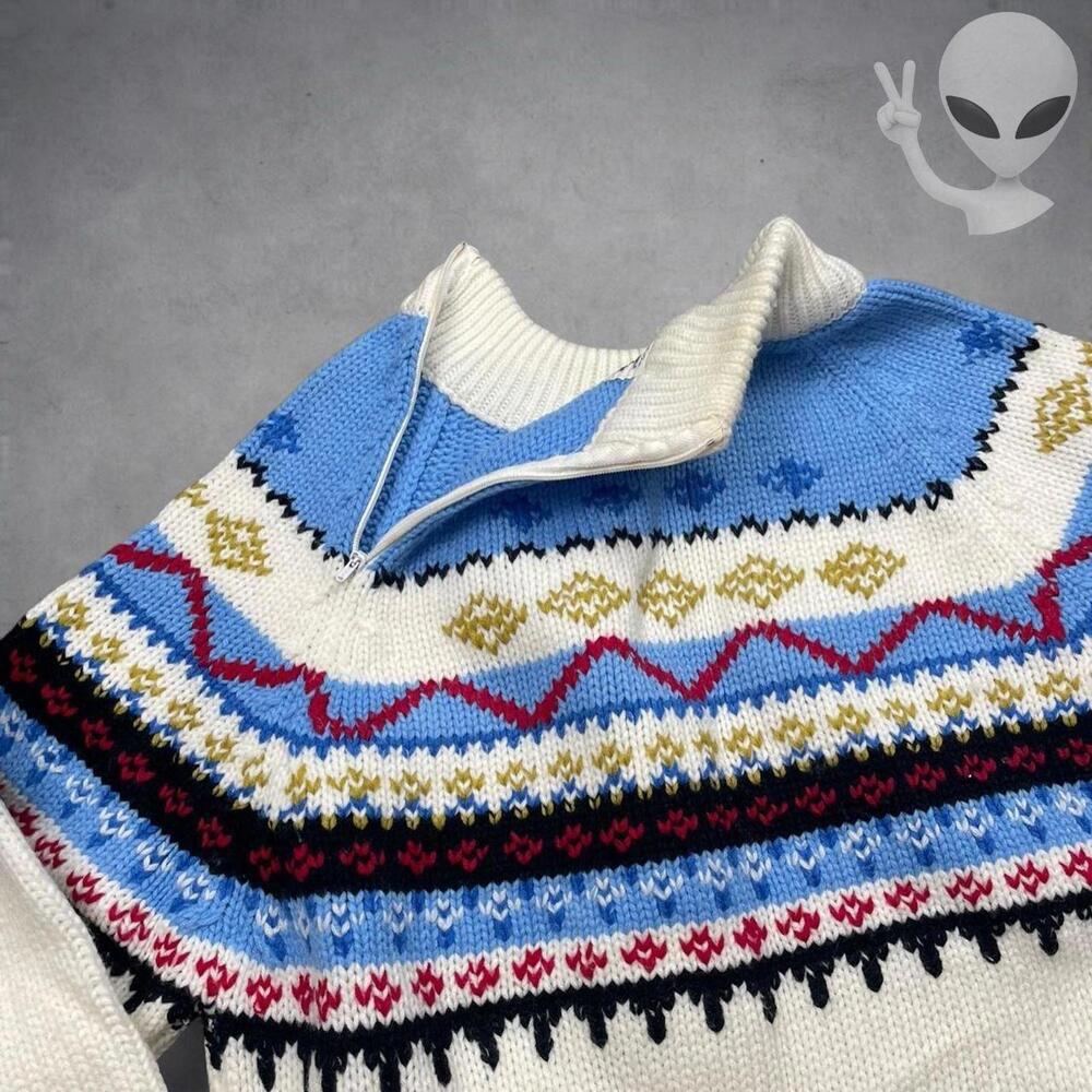 Vintage 70s Grants Mens Medium Fair Isle Ski Sweater Cream Blue Ribbed Knit - Picture 6 of 7